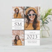 Moderne Monogram Foto Collage White Afstuderen Aankondiging (Staand voorkant)