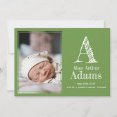 Moderne monogram geboortestatus | Groene foto Aankondiging (Voorkant)
