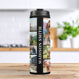 Moderne Monogram Gepersonaliseerde 12 Fotocollage Thermosbeker