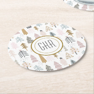 Moderne monogram, grillige winterbomen ronde kartonnen onderzetter