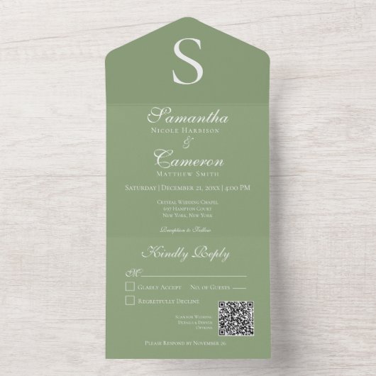 Moderne monogram Groene QR-code All In One Uitnodiging (Binnen)