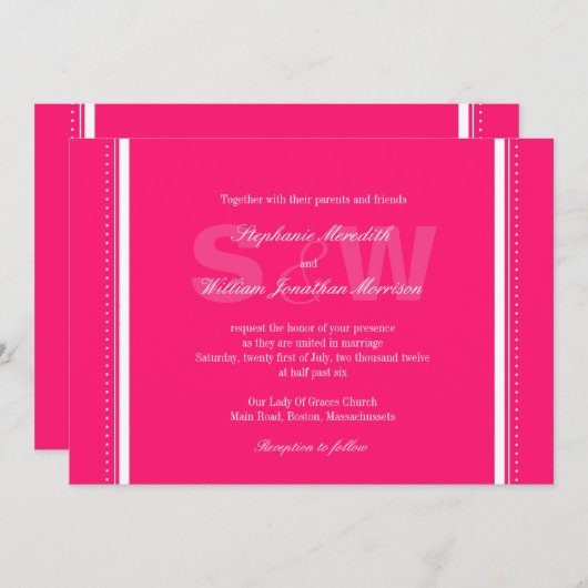 Moderne Monogram Hot Pink bruiloft uitnodiging (Voorkant / Achterkant)