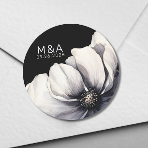 Moderne Monogram Initiaal Bloem Zwart Bruiloft Ronde Sticker