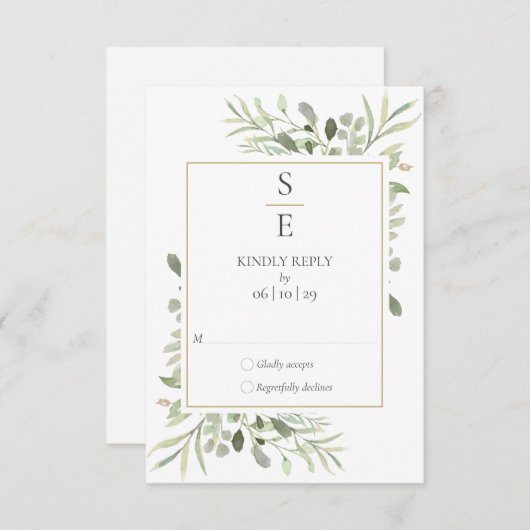 Moderne Monogram Initiaal Groene Huwelijk RSVP Kaartje (Voorkant / Achterkant)