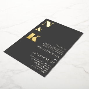 Moderne monogram Initialen Black Bold Wedding Gold Folie Uitnodiging
