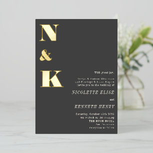Moderne monogram Initialen Black Bold Wedding Gold Folie Uitnodiging