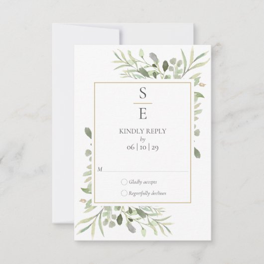 Moderne Monogram Initialen Groen Bruiloft RSVP Kaartje (Voorkant)