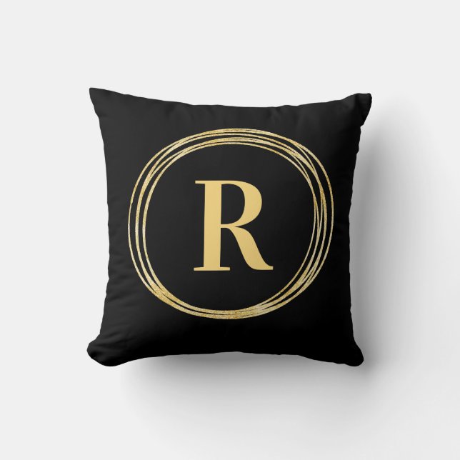 Moderne monogram Letter Initiaal Black Gold Circle Kussen (Voorkant)