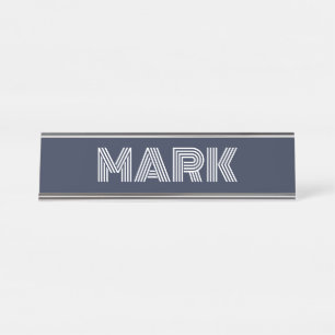 Moderne Monogram Naam Donkerblauw Vet Wit Strepen Bureau Naambordje