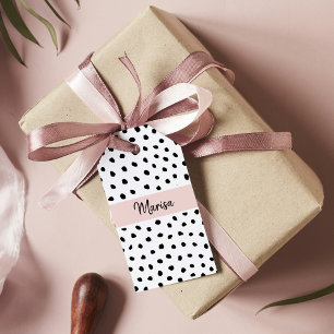 Moderne monogram naam Pastel Roze en Zwarte Stip Cadeaulabel