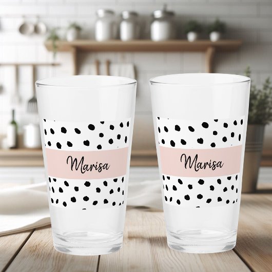 Moderne monogram naam | Pastel Roze en Zwarte Stip Glas