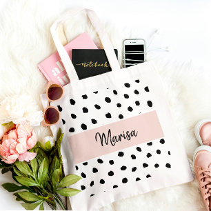 Moderne monogram naam Pastel Roze en Zwarte Stip Tote Bag