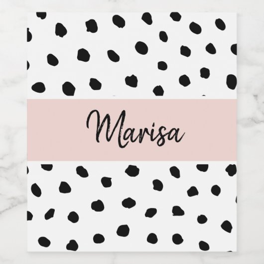 Moderne monogram naam | Pastel Roze en Zwarte Stip Wijn Etiket (Enkel label)