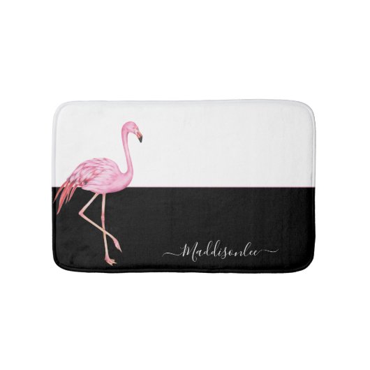 Moderne monogram naam Roze Flamingo Black Badmat (Voorkant)