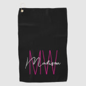 Moderne Monogram Naam Script Zwart Roze Golfhanddoek (Voorkant)