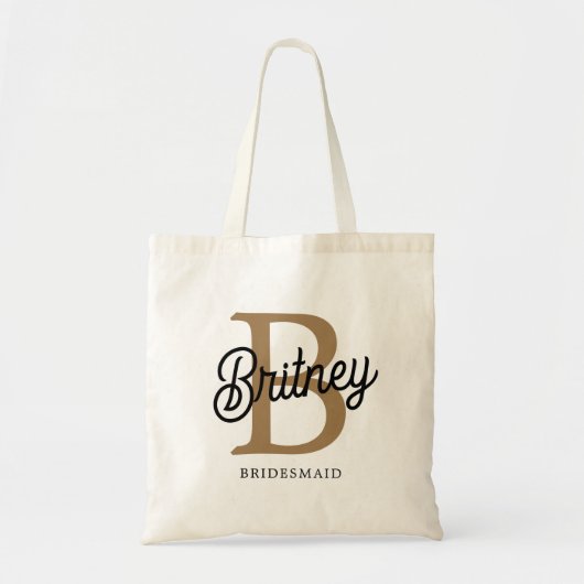Moderne Monogram Naam Zwart Goud Script Bruidsmeis Tote Bag (Voorkant)