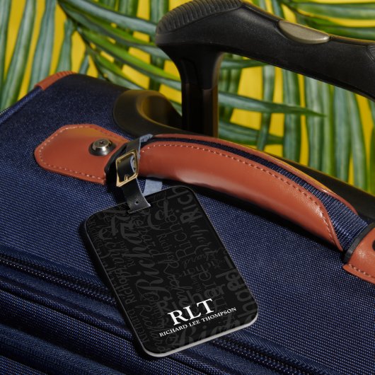 Moderne monogram naam Zwarte Elegant Bagagelabel (Voorkant Insitu 1)