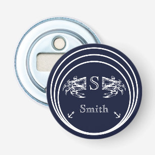 Moderne Monogram Nautilus Marineblauw Witte Krab Button Flesopener