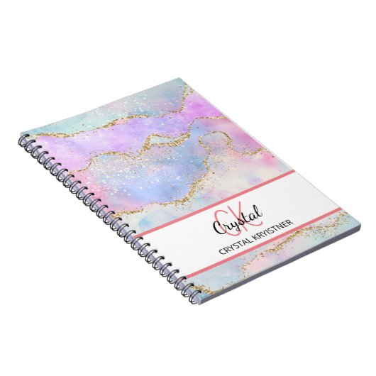 Moderne Monogram Pastelregenboog Glitter Notitieboek (Rechterzijde)