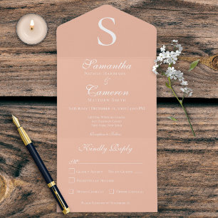 Moderne Monogram Peach All in One Wedding Invite All In One Uitnodiging