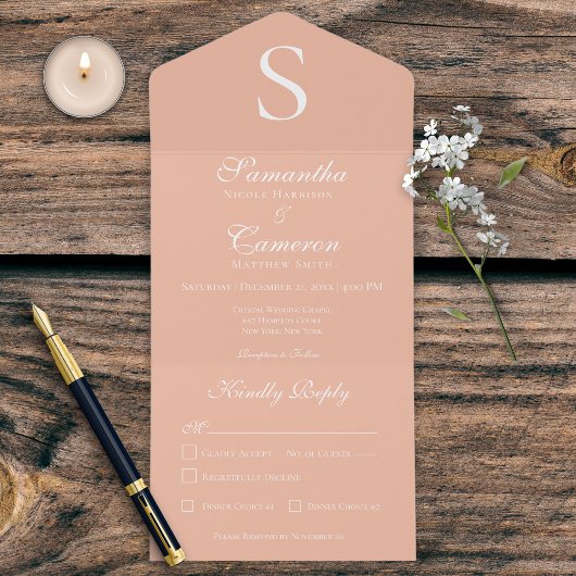 Moderne Monogram Peach All in One Wedding Invite All In One Uitnodiging