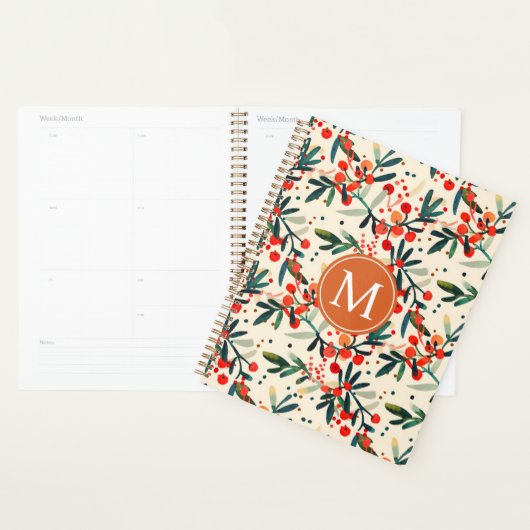 Moderne Monogram Rode Kerst Holly Bessen Planner (Display)