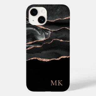 Moderne monogram Roos Gold en zwarte marmer Agate Case-Mate iPhone 14 Hoesje