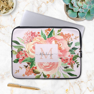 Moderne Monogram Roze Bloemen Boeket Laptop Sleeve