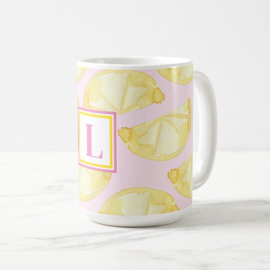 Moderne Monogram roze gele Lemon Print Coffee Mok (Voorkant rechts)