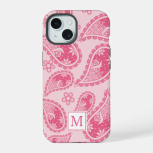 Moderne Monogram Roze Paisley Retro Patroon iPhone 15 Hoesje