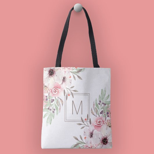 Moderne Monogram Roze Waterverf Bloemen Draagtas