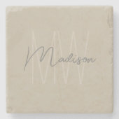 Moderne Monogram Script Beige Stenen Onderzetter (Voorkant)
