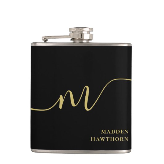 Moderne Monogram Script Calligrafie Zwart Goud Naa Heupfles (Voorkant)