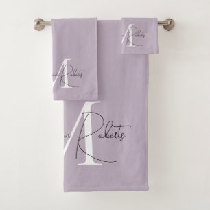 Moderne monogram scriptnaam logo lavender bad handdoek