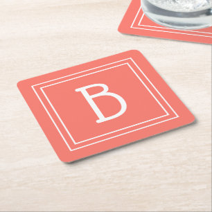 Moderne Monogram Simpele Letter Initiële Koraal Vierkante Kartonnen Onderzetter