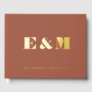 Moderne Monogram Terracotta Gouden Folie Bruiloft Gastenboek
