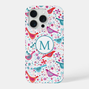 Moderne monogram Waterverf vogels en bloemen iPhone 15 Pro Hoesje