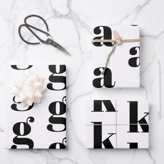 Moderne monogram witte zwarte aangepaste initiaal inpakpapier vel (Voorkant)