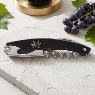 Moderne Monogram Zwar Goud Elegante Script Naam Kurkentrekker