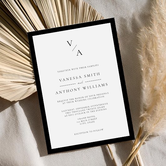 Moderne Monogram Zwart-Wit Grens Trouwen Kaart