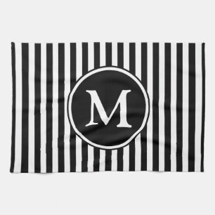 Moderne Monogram Zwarte En Witte Strepen Theedoek