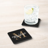 Moderne monogram zwarte gouden eminine scriptnaam bier onderzetter (Rechterzijde)