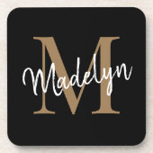 Moderne monogram zwarte gouden eminine scriptnaam bier onderzetter (Voorkant)