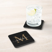 Moderne monogram zwarte gouden eminine scriptnaam bier onderzetter (Rechterzijde)