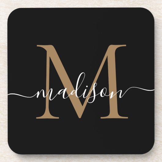 Moderne monogram zwarte gouden eminine scriptnaam bier onderzetter (Voorkant)