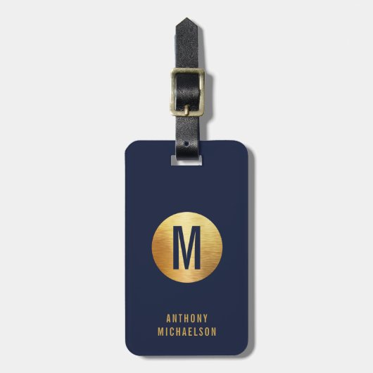 Moderne Monogrammed Geborsteld Metallic Goud Effec Bagagelabel (Voorkant verticaal)