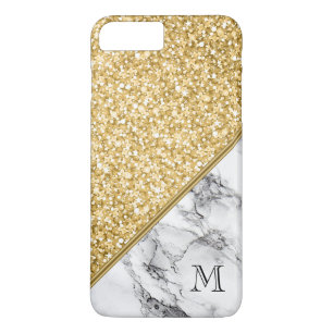 Moderne Monogrammed Gouden Glitter Zwart Wit Marme iPhone 8 Plus / 7 Plus Hoesje