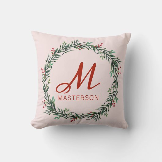Moderne Monogrammed Holly Wreath Kerstmis Kussen (Voorkant)