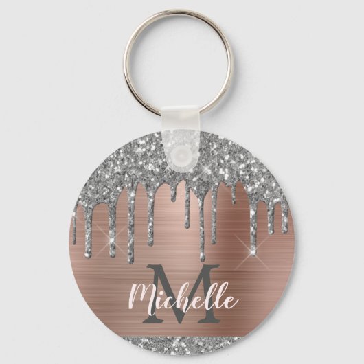 Moderne monogrammed Silver Glitter drukt roze meta Sleutelhanger (Voorkant)