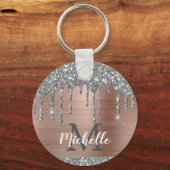 Moderne monogrammed Silver Glitter drukt roze meta Sleutelhanger (Voorkant)